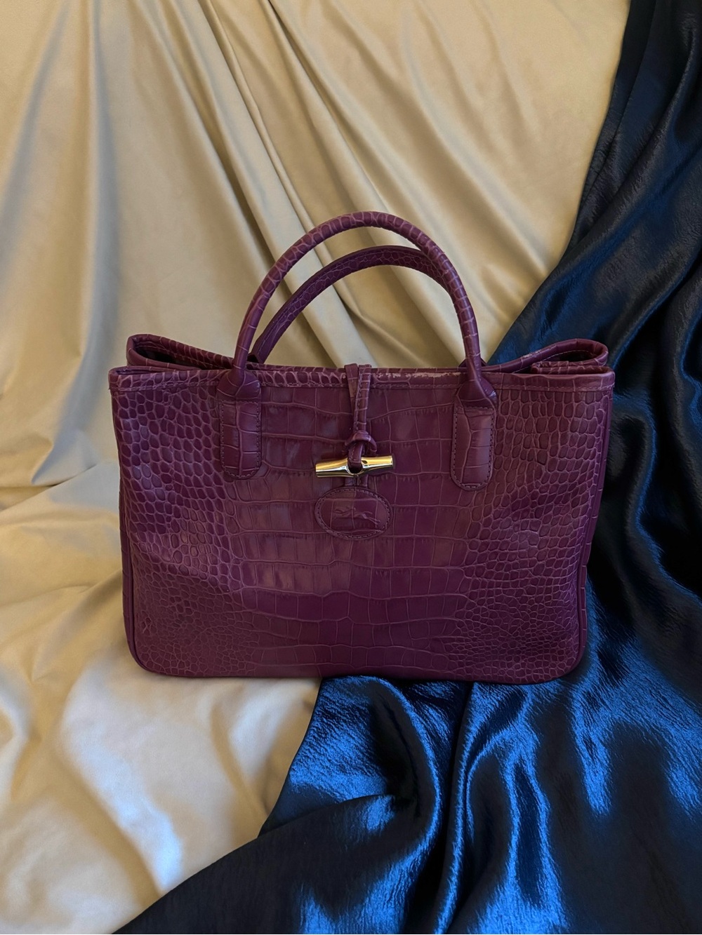 Longchamp Croc-Embossed Plum Satchel with Gold Hardware